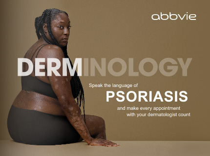 Woman with patches of psoriasis on her arm and eyebrow looks confidently over her shoulder at the camera.